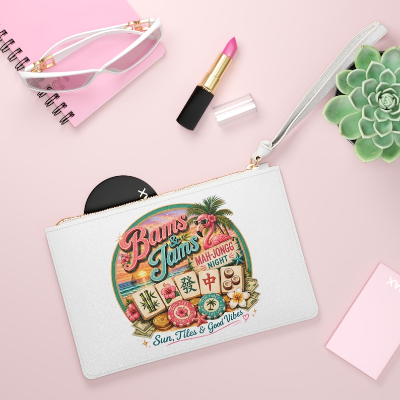 Tropical Mahjong Sunset Clutch Bag | Vintage Mahjong Tiles Beach Theme image 4