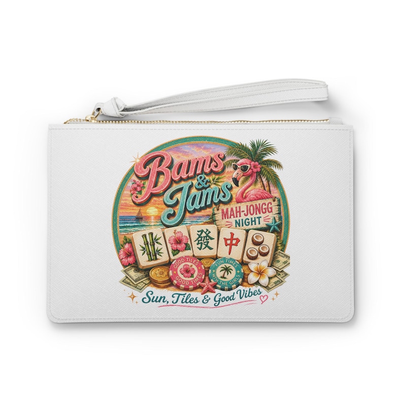 Tropical Mahjong Sunset Clutch Bag | Vintage Mahjong Tiles Beach Theme image 1
