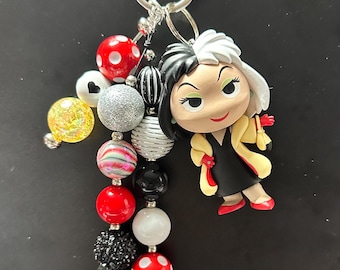 Cruella De Vil Bag Charm | Black White Spotted Keychain | Villain Fashion Accessory