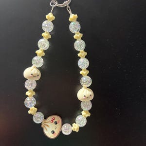 Kawaii Dumpling Bag Charm, Iridescent Crackle Bead Strap, Foodie Purse Accessory