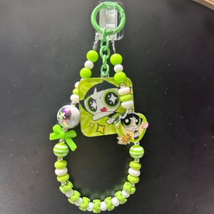 Buttercup Powerpuff Girls Bag Charm, Green Beaded Keychain Accessory