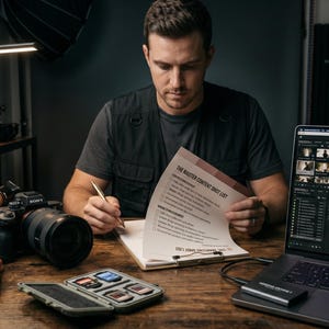 May include: A person is seated at a wooden desk, reviewing a document titled "THE MASTER CONTENT SHOT LIST." A laptop displays video editing software. A camera, lenses, and memory cards are also on the desk, suggesting a video production setup.
