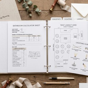 May include: Wedding planning stationery set, including a binder with planning sheets, a notebook, invitations, and envelopes. The set includes pens, flowers, and a wax seal on a wooden surface. The binder has the text "Sarah & Tom | Wedding Planning".