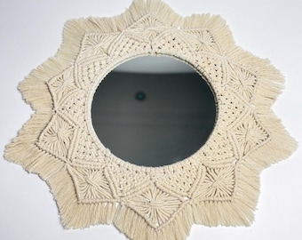 Macrame Mirror Wall Hanging: Creamy White Cotton Boho Home Decor