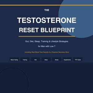 Puede incluir: Gráfico azul marino con el título "TESTOSTERONE RESET BLUEPRINT" en blanco. El texto a continuación detalla estrategias para hombres con testosterona baja, incluyendo resultados de análisis de sangre e historia de recuperación. Temas adicionales: análisis de sangre, entrenamiento, dieta, sueño, estrés, suplementos y guía TRT.