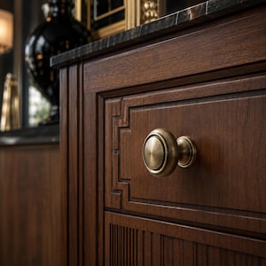 Può includere: Un pomello per mobile rotondo in ottone spazzolato con un profilo circolare a gradini, fissato su un frontale di cassetto in legno marrone scuro. Il cassetto presenta un design a pannello rettangolare incassato con dettagli a scanalature verticali.