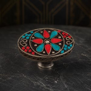 Bouton de meuble ovale en laiton de style ethnique, poignée de tiroir rouge turquoise, poignée de commode bohème, quincaillerie de meubles artistiques vintage