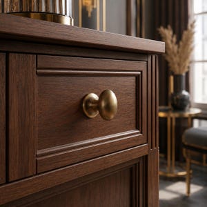 Puede incluir: Un cajón de madera de color marrón oscuro con un pomo de latón liso de forma ovalada centrado en el panel frontal. El cajón presenta un diseño de marco rectangular empotrado con detalles de ranuras verticales en el lateral del mueble.