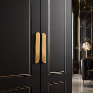 May include: A pair of vertical, matte gold-toned metal cabinet handles with rounded top edges, mounted on double matte black cabinet doors featuring thin, recessed gold-toned trim lines that frame the rectangular panels of the doors.