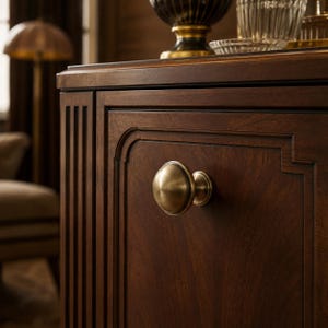 May include: A dark brown wooden cabinet door featuring a smooth, circular brass knob with a polished finish. The cabinet door is constructed with vertical fluted detailing on the side and a recessed panel design surrounding the central knob.