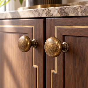 May include: Two round cabinet knobs with a textured, antique brass finish attached to dark brown wood cabinet doors. Each door features a recessed panel design with thin, inlaid gold-colored metal trim bordering the rectangular frame.