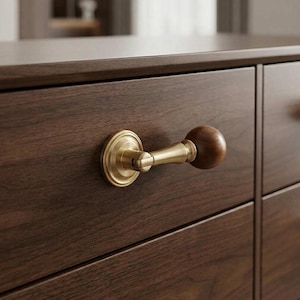 May include: Close-up of a wooden drawer with a brass handle. The handle has a circular wooden knob and a brass stem and base. The drawer is made of dark brown wood.