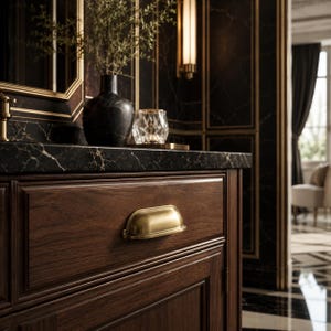 May include: A close-up of a dark wood cabinet with a gold-colored handle. The cabinet is part of a bathroom vanity with a black marble countertop. A black vase and a decorative glass are on the countertop.