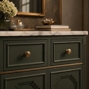 May include: A dark green vanity cabinet featuring a white marble countertop, two drawers with round brass knobs, and lower cabinet doors with geometric molding. The piece is accented with thin horizontal brass trim between the drawers and doors.