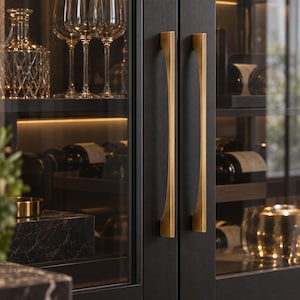 Peut inclure: Deux poignées de placard verticales en laiton brossé montées sur des portes en bois noir mat. Les portes comportent des panneaux en verre révélant un intérieur avec des bouteilles de vin, des verres en cristal et une surface en marbre noir.