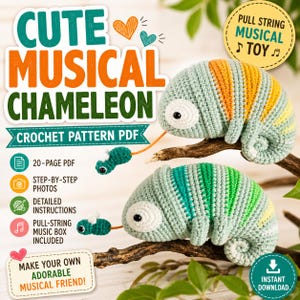 Chamäleon Häkelanleitung PDF, Musik Amigurumi Spielzeug, Pull String Häkelanleitung, niedliches Baby Spielzeug DIY, Tier Häkelanleitung