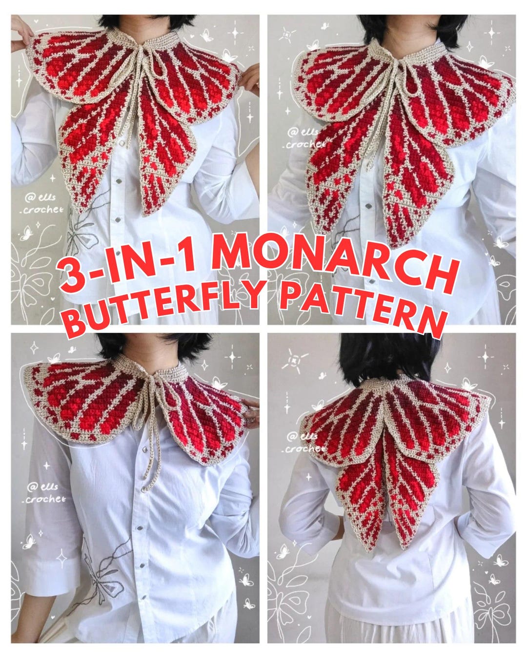 3-in-1 Monarch Butterfly Crochet Pattern PDF, Butterfly Collar, Fairy ...
