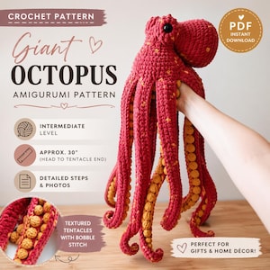 May include: A handmade red and yellow crochet octopus amigurumi. The octopus is approximately 30 inches from head to tentacle end. The image includes text that says "Crochet Pattern" and "Giant Octopus Amigurumi Pattern".