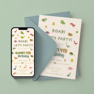 May include: A smartphone and a paper invitation card featuring a dinosaur theme. The text reads ROAR! LET'S PARTY! OLIVER'S 4TH BIRTHDAY, with date, time, and location details. The design includes various colourful cartoon dinosaurs on a cream background.