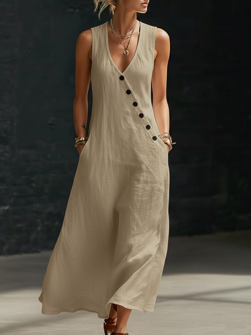knee length dresses for ladies 100% Linen Round Neck Button-Tie Maxi Dress Xandra, Khaki / S
