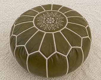 Olive Green Moroccan Leather Pouf Ottoman, Embroidered Handmade Berber Footstool, Boho Round Floor Cushion
