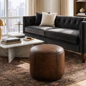 Dark Brown Leather Pouf Ottoman – Handmade Moroccan Floor Cushion, Rustic Home Decor
