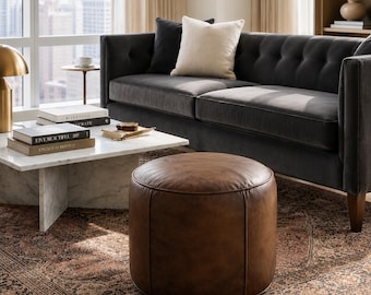 Dark Brown Leather Pouf Ottoman – Handmade Moroccan Floor Cushion, Rustic Home Decor