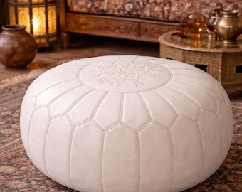 White Moroccan Leather Pouf Ottoman – Handmade Footstool, Boho Neutral Living Room Seat