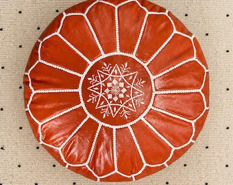 Handmade Orange Leather Moroccan Pouf Ottoman, Boho Floor Cushion, Footstool, Berber Decor