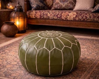 Handmade Olive Green Moroccan Leather Pouf, Embroidered Berber Footstool, Boho Round Floor Cushion