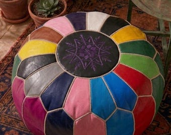 Colorful Patchwork Leather Pouf Ottoman – Handmade Moroccan Floor Cushion – Boho Eclectic Decor