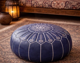 Handmade Blue Moroccan Leather Pouf – Embroidered Ottoman Footstool, Boho Home Decor