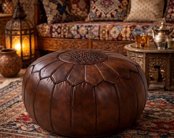 Marokański ręcznie robiony skórzany puf – Boho Home Accent – Podnóżek – Siedzisko do salonu – Artisan Furniture