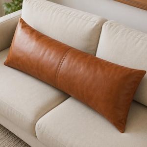 Handmade Brown Leather Lumbar Pillow Cover – Moroccan Artisan Stitched Cushion