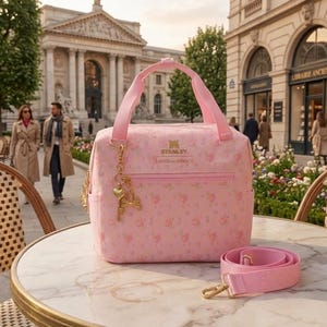 May include: A pink tote bag with a floral pattern and a matching shoulder strap. The bag has a top handle and a zipper closure. The bag has a gold charm with a key and heart. The text "STANLEY. LOVESHACKFANCY" is printed on the bag.