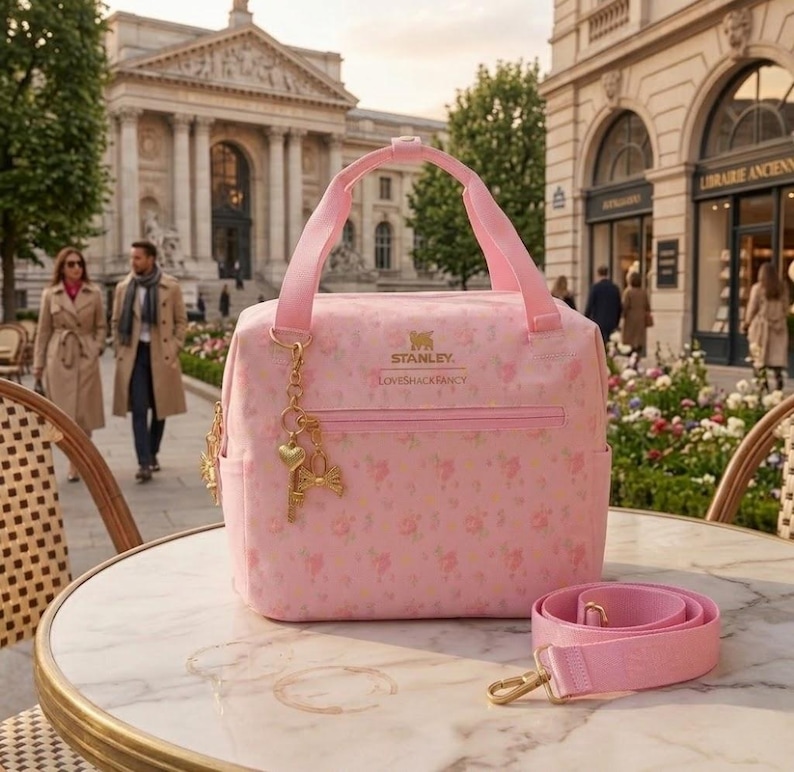 May include: A pink tote bag with a floral pattern and a matching shoulder strap. The bag has a top handle and a zipper closure. The bag has a gold charm with a key and heart. The text "STANLEY. LOVESHACKFANCY" is printed on the bag.