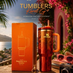 May include: A 40 oz Stanley Quencher H2.0 tumbler in a deep red finish with a floral pattern, featuring a matching orange handle, a red lid, and an orange straw. The tumbler is displayed next to its orange box labeled 40 oz | 1.18L.