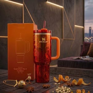 May include: A red Stanley Quencher H2.0 Tumbler with a matching orange handle and straw, featuring a floral pattern. The tumbler is displayed next to its orange packaging box labeled Quencher H2.0 Tumbler 40oz / 1.18L, a gold tea infuser, star anise, and orange peels.