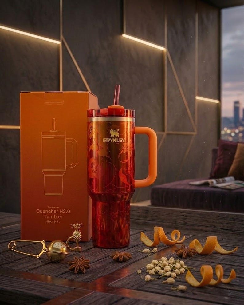 May include: A red Stanley Quencher H2.0 Tumbler with a matching orange handle and straw, featuring a floral pattern. The tumbler is displayed next to its orange packaging box labeled Quencher H2.0 Tumbler 40oz / 1.18L, a gold tea infuser, star anise, and orange peels.