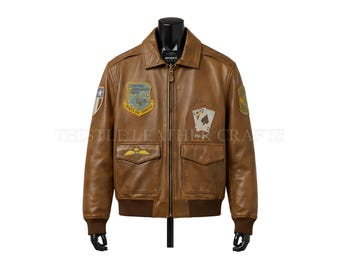 Men’s Vintage Brown Avirex Leather Jacket | Classic Style with Patches | Bomber Jacket | Streetwear | Handmade