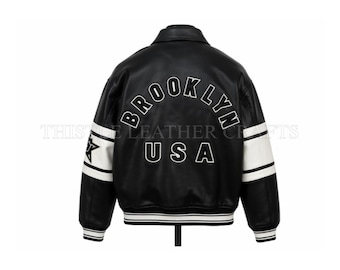 Brooklyn Avirex Leather Jacket | Men's Black Bomber Jacket | Streetwear | Handmade