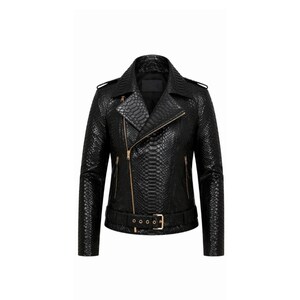 May include: A black leather jacket with a snakeskin texture. The jacket features an asymmetrical zipper, a notched collar, and a belt at the waist. The hardware is gold-colored.
