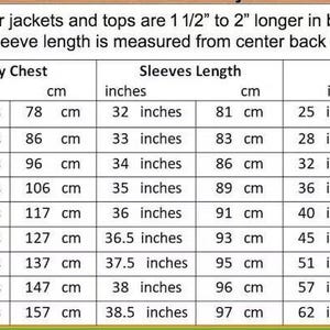 May include: A size chart for men's tall jackets and tops, with measurements in inches and centimeters. The chart includes body chest, sleeve length, and body waist measurements for sizes XS to 5XL. Sleeve length is measured from the center back of the neck.