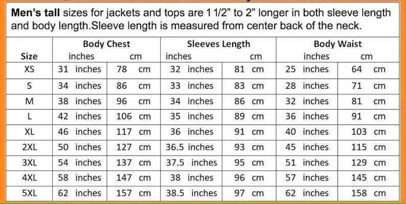 May include: A size chart for men's tall jackets and tops, with measurements in inches and centimeters. The chart includes body chest, sleeve length, and body waist measurements for sizes XS to 5XL. Sleeve length is measured from the center back of the neck.