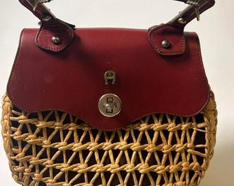 Vintage 70s Etienne Aigner Woven Rattan Leather Basket Handbag Satchel Oxblood