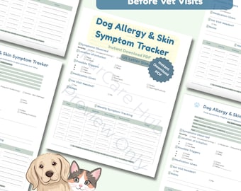 Afdrukbaar hondenallergiesymptoomtracker | Jeuk, huidopflakkeringen en -triggers volgen | Voorbereidingslogboek dierenartsbezoek | pdf-bestand allergiedagboek huisdiermedicatie