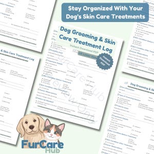 以下が含まれることがあります： 犬のグルーミングとスキンケア治療記録の印刷可能なPDF。ペット情報、グルーミングの種類、使用製品、治療詳細、皮膚の状態、飼い主の観察、フォローアップのセクションがあり、犬と猫のイラストが描かれています。