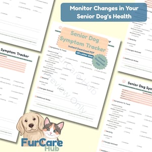 Può includere: Una raccolta di fogli stampabili per il monitoraggio dei sintomi dei cani anziani. I fogli sono bianchi con testo nero e includono sezioni per monitorare i sintomi, la gravità e i cambiamenti. Il logo FurCare Hub presenta un cane e un gatto.