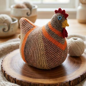 May include: A handmade knitted chicken figurine in shades of brown, orange, and yellow, with a red comb and wattle. The chicken is sitting on a wooden round board. A ball of yarn is next to the chicken.
