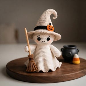 Pode incluir: Uma boneca fantasma de crochê na cor creme, usando um chapéu pontudo com uma faixa preta e um pequeno detalhe de abóbora laranja. O fantasma tem olhos pretos, um sorriso bordado e segura uma vassoura de madeira em miniatura. Um caldeirão preto e um doce de milho.